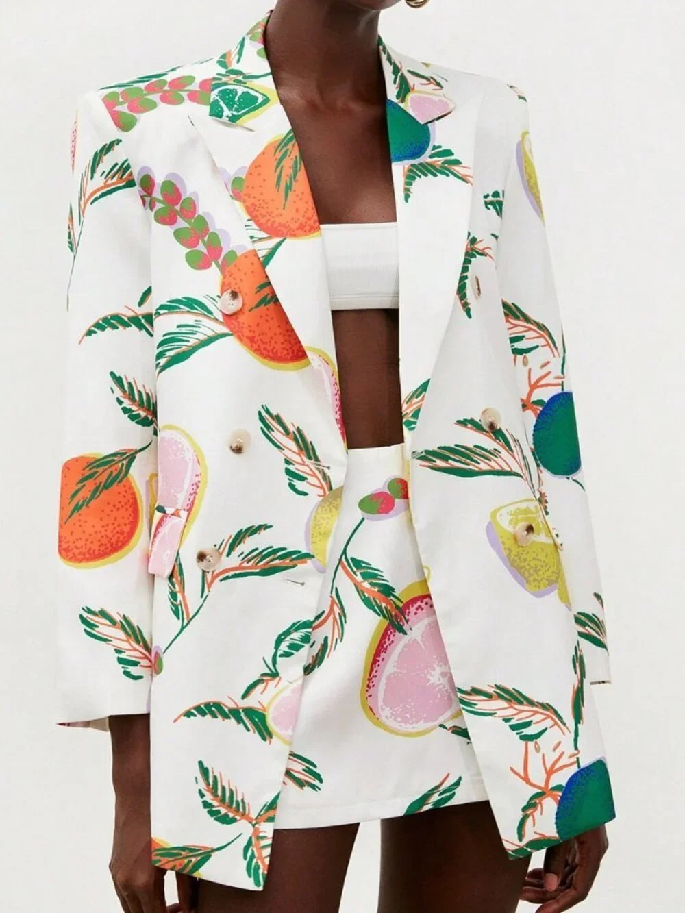 Multicolor Casual Women's Tropical Fruit Print Oversized Suit Jacket & Skort Set